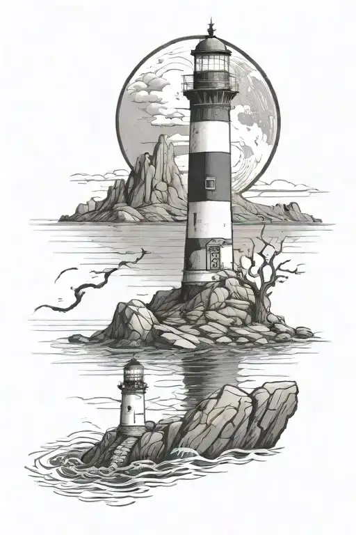 a lighthouse on a rocky coast with a giant squid in the ocean below tattoo design idea