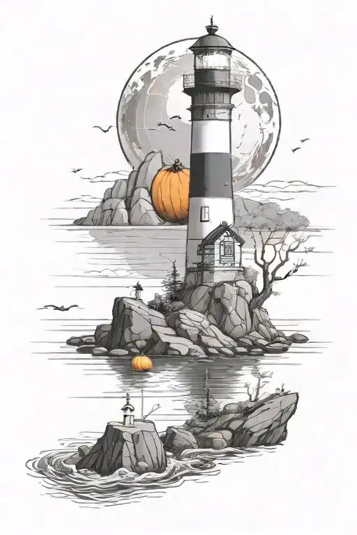 a lighthouse on a rocky coast with a pumkin in a garden and a giant squid in the ocean  tattoo design idea