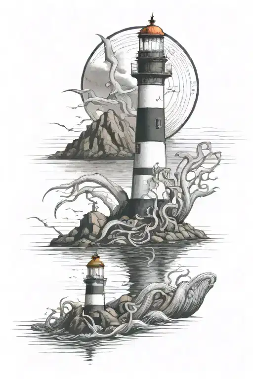a giant squid in the ocean near a lighthouse standing tall tattoo design idea