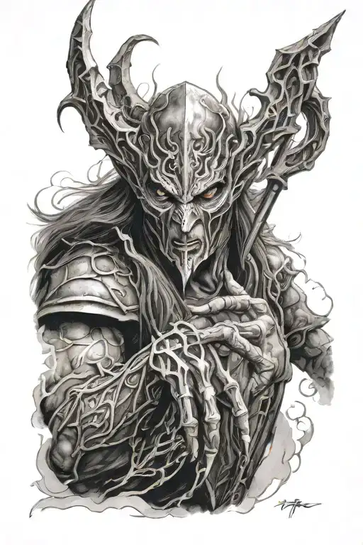 lord of the rings armored Sauron Morgoth face one ring elvish script twisting around the arm with swirling storm clouds  tattoo design idea