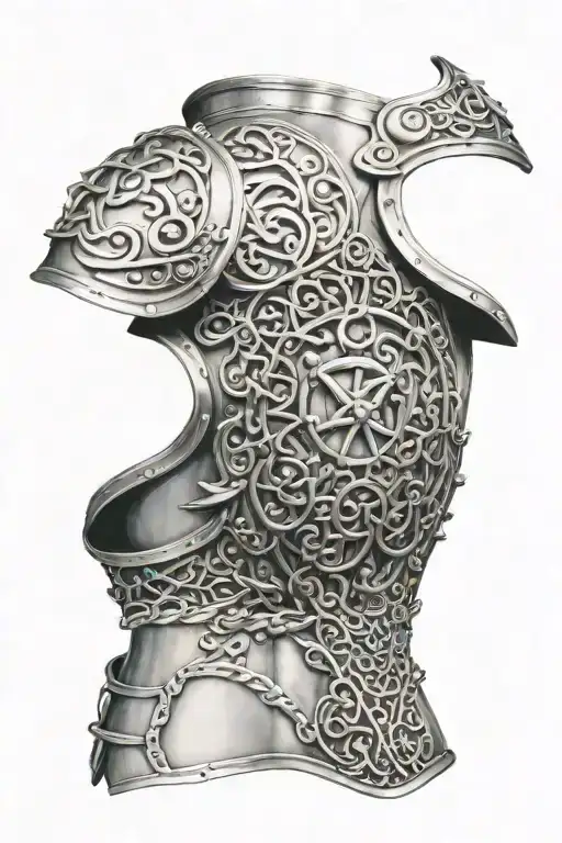 armor shoulder pauldron with chainmaille and plate style, sharp edges under torn skin tattoo design idea