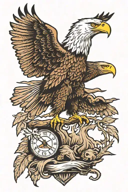 bald eagle perched on top, time and grizzly bear protecting tattoo design idea