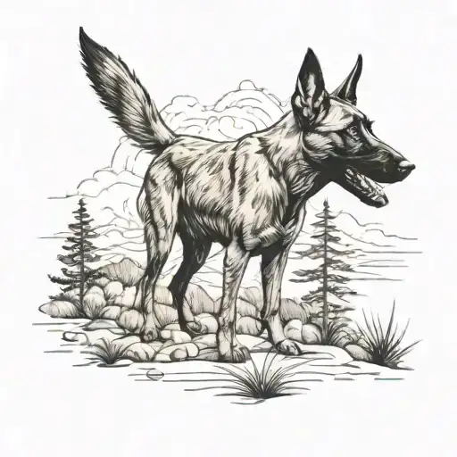 Wild Belgian Malinois Shepherd integrated into a natural landscape tattoo design idea