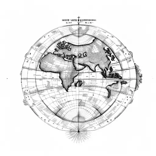 In the center a world map, old style. around differentiated into 4 parts, a being from each mythology, pointing on the m tattoo design idea