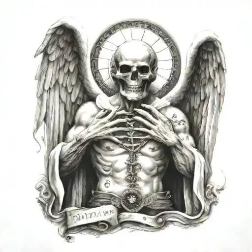 a man while dying holding angel and death tarot card  tattoo design idea