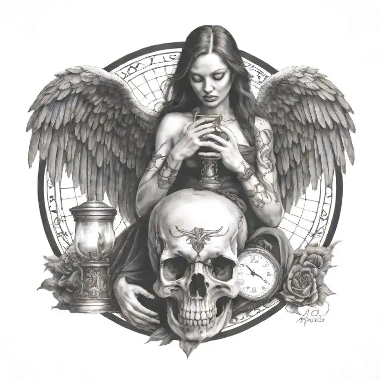 fallen angel holding  hour glass crow  tattoo design idea