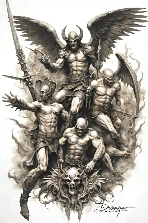 demon angel war scene featuring elements tattoo design idea