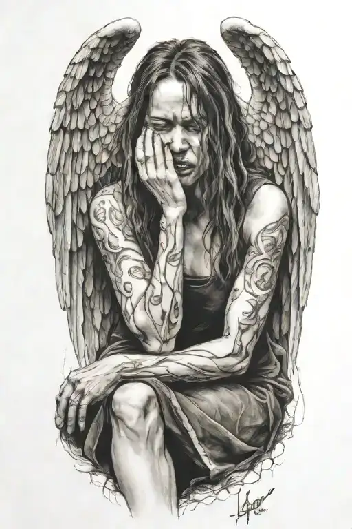 death angel crying woman sitting tattoo design idea