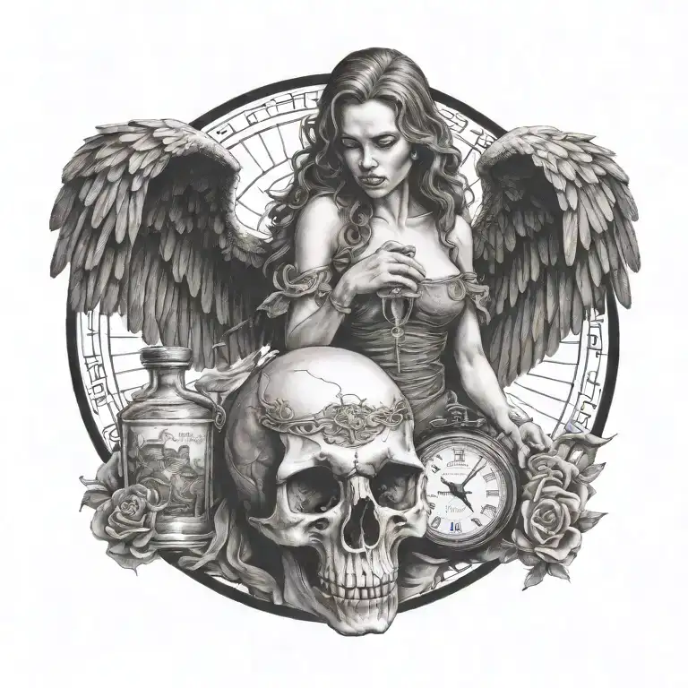 fallen angel holding  hour glass crow  tattoo design idea