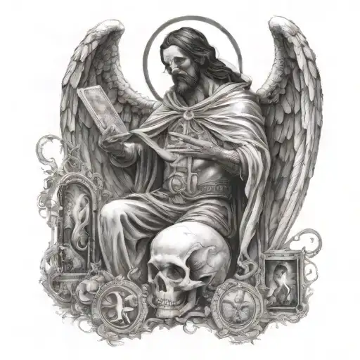 a man while dying holding angel and death tarot card  tattoo design idea