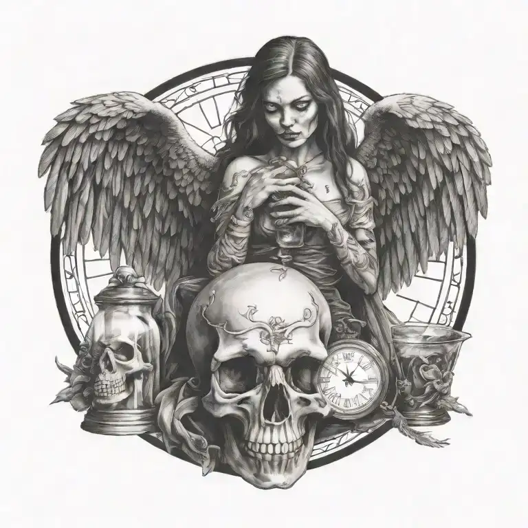 fallen angel holding  hour glass crow  tattoo design idea
