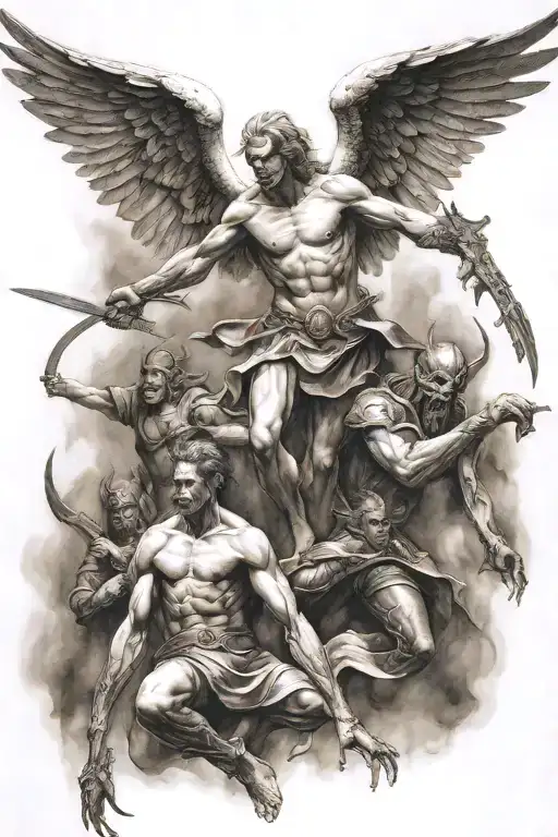 angel demon war scene tattoo design idea