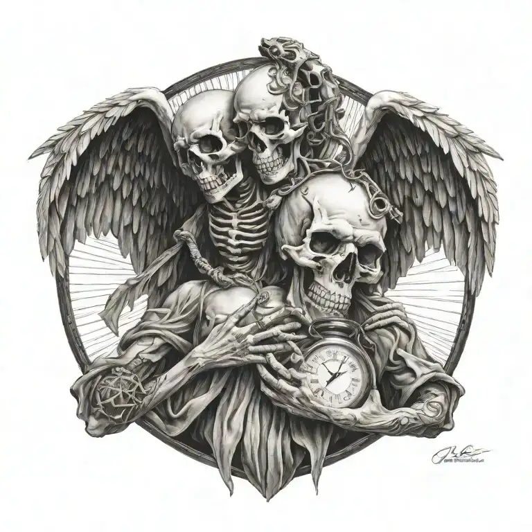 fallen angel holding  hour glass skull tattoo design idea