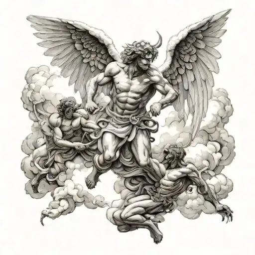 an angel fighting demon over hell with clouds   tattoo design idea