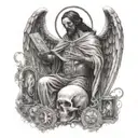 a man while dying holding angel and death tarot card  tattoo design idea