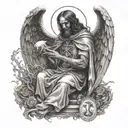 a man while dying holding angel and death tarot card  tattoo design idea