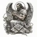 a man while dying holding angel and death tarot card  tattoo design idea