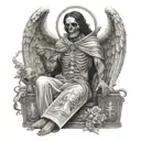 a man while dying holding angel and death tarot card  tattoo design idea