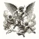 an angel fighting demon over hell with clouds   tattoo design idea