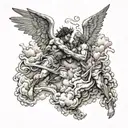 an angel fighting demon over hell with clouds   tattoo design idea