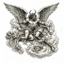an angel fighting demon over hell with clouds   tattoo design idea