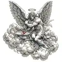 an angel fighting demon over hell with clouds   tattoo design idea