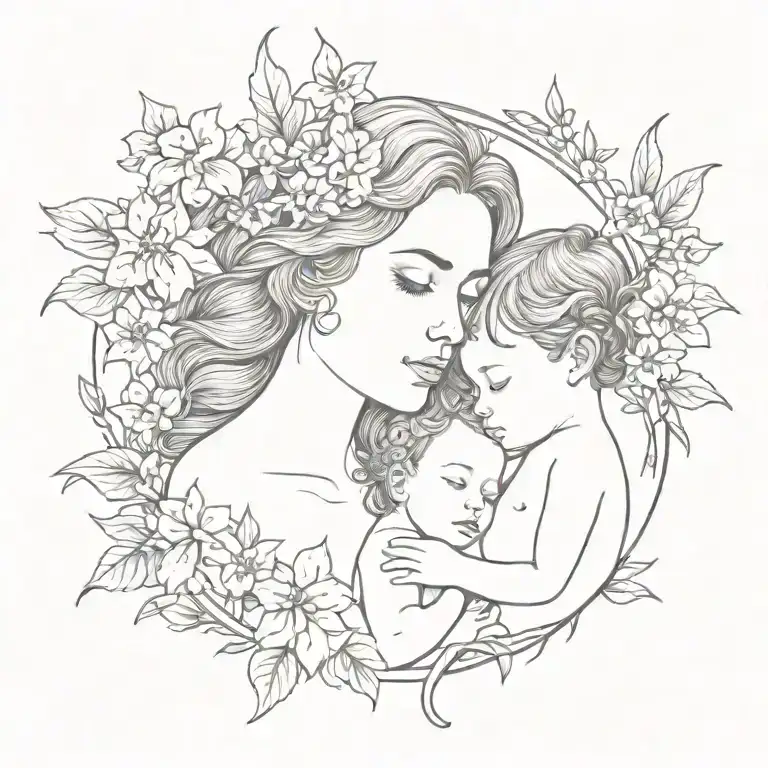 mommy and baby girl with larkspur flowers intertwined tattoo design idea