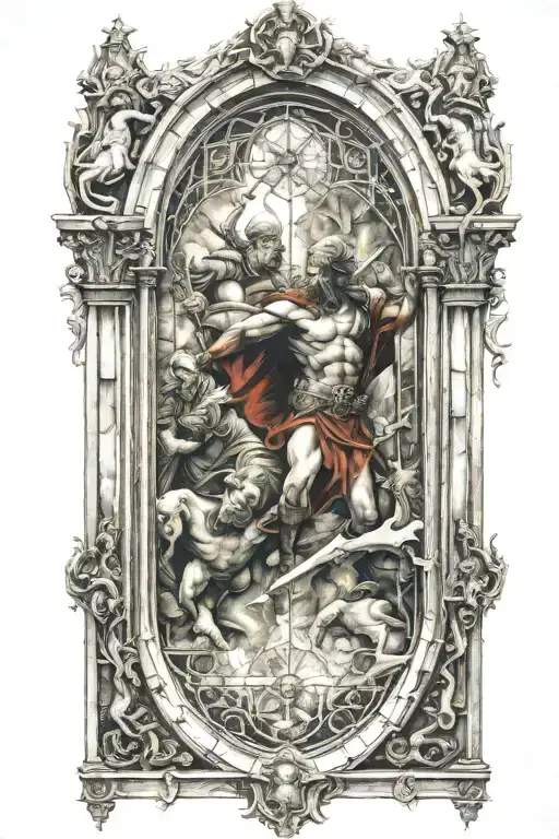 cathedral glass window with warrior battling demons tattoo design idea