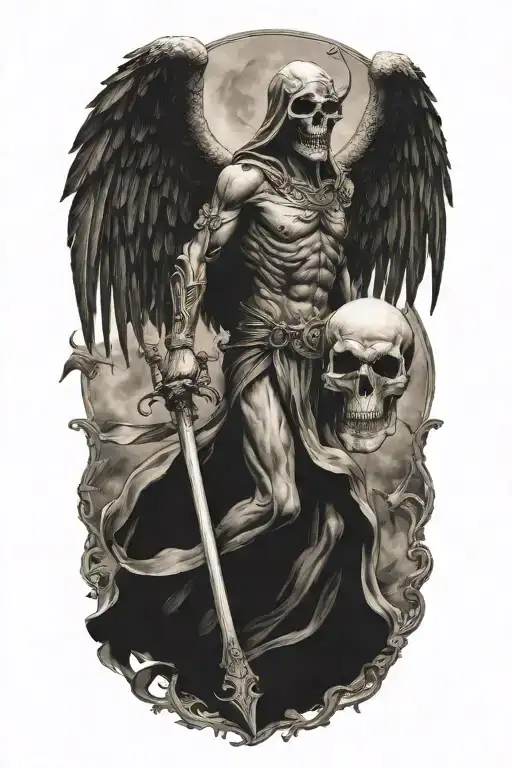 god of death angel with skul half alive tattoo design idea