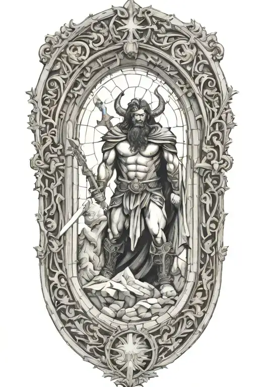 cathedral glass window with warrior battling demons tattoo design idea