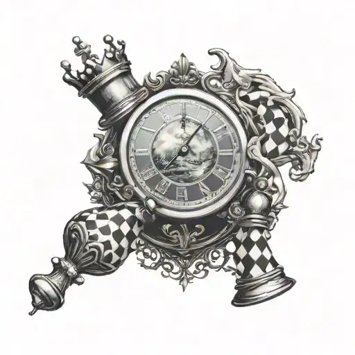 moon, time piece, chess king tattoo design idea