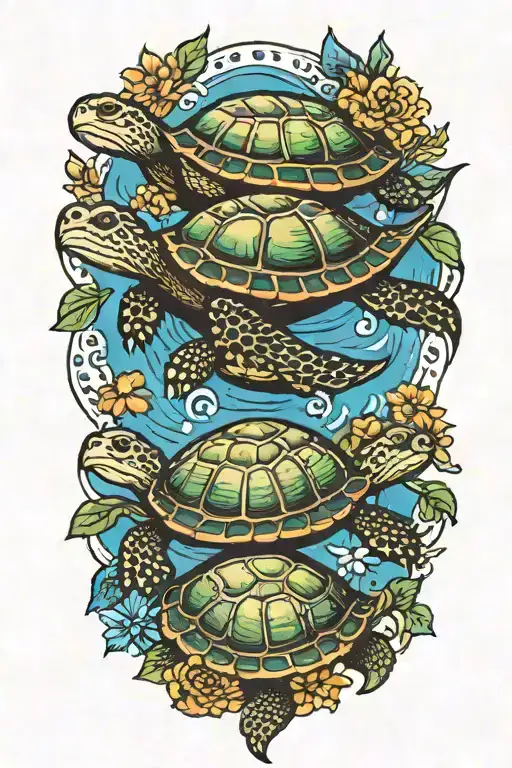 mom turtle surrounded by 2 baby turtle swimming tattoo design idea