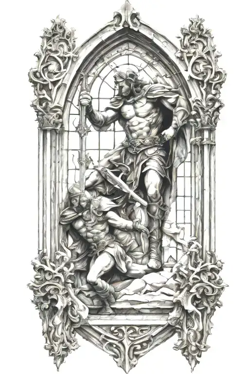 cathedral glass window with warrior battling demons tattoo design idea