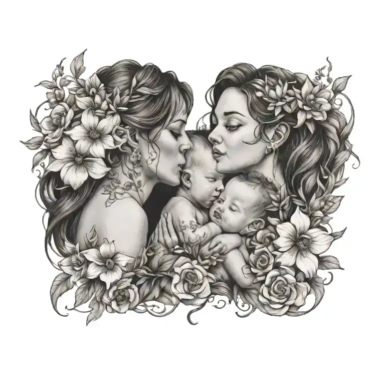 mommy and baby girl with larkspur flowers tattoo design idea