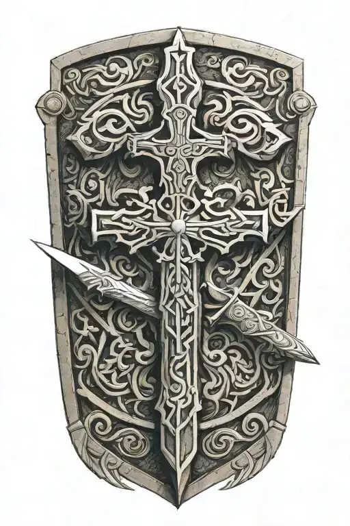 aztec war sword shield cross intertwined tattoo design idea