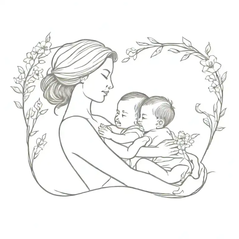 mother holding baby girl with larkspur flowers growing tattoo design idea