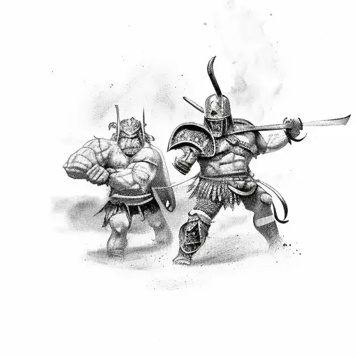 Barbarian fighting against little monster tattoo design idea