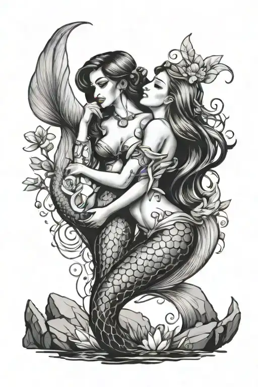 Two sexy women kissing on a rock, in the water. a mermaid and jasmine from Disney tattoo design idea