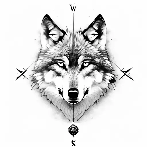 wolf with compass and spain tattoo design idea