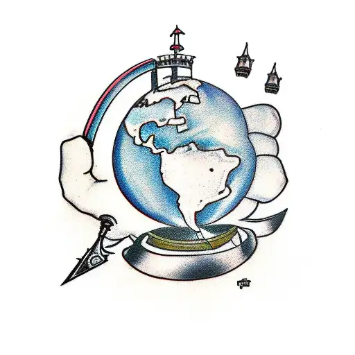 a globe, a knife, a bridge, a castle, the quote "nothing's gonna change my world" tattoo design idea