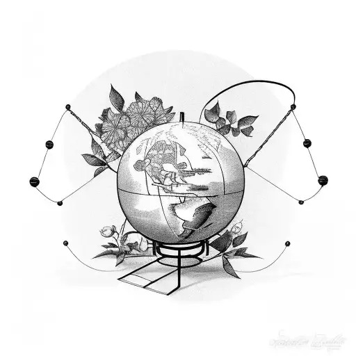 Globe surrounded by flowers and a steel suspension bridge  tattoo design idea