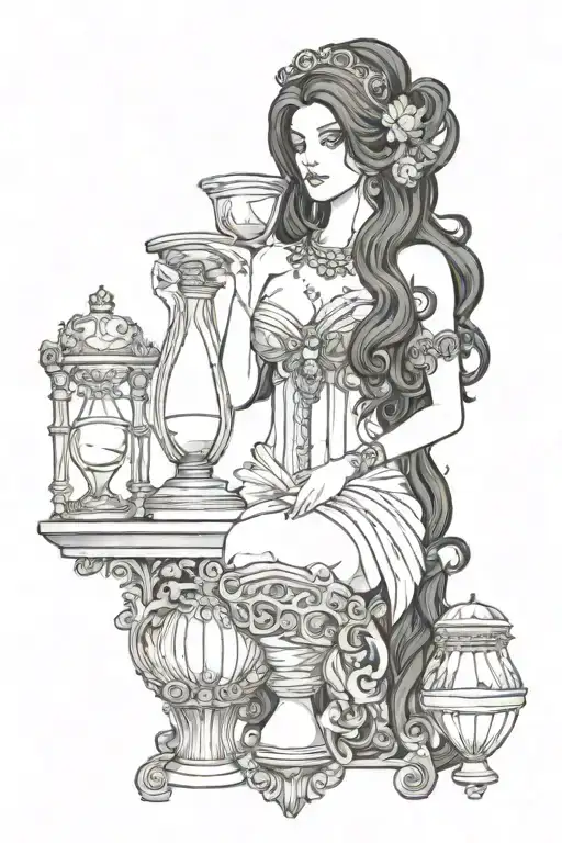 Goddess Nyx, black long hair holding a hourglass, bust only tattoo design idea