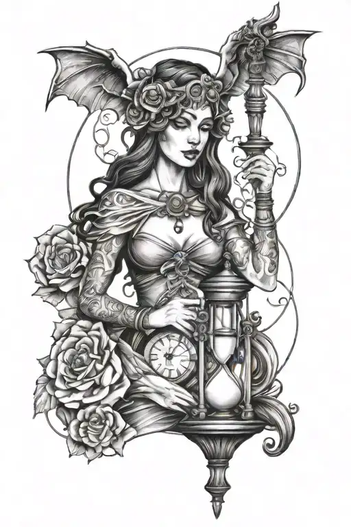Nyx goddess holding a hourglass  tattoo design idea