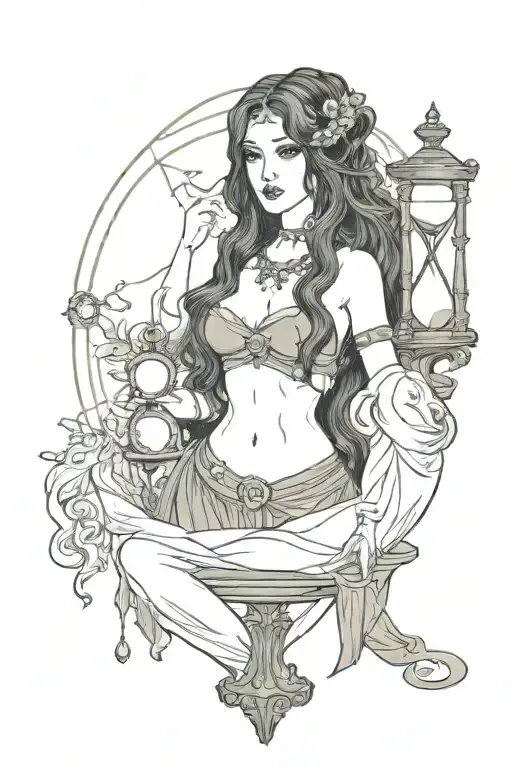 Goddess Nyx, black long hair holding a hourglass  tattoo design idea