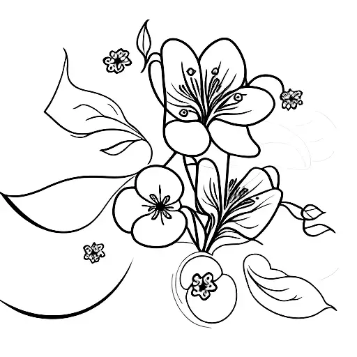 A minimalist tattoo design featuring a bouquet of snow drop flower, cherry blossom and morning glory in a delicate  tattoo design idea