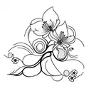 A minimalist tattoo design featuring a bouquet of snow drop flower, cherry blossom and morning glory in a delicate  tattoo design idea