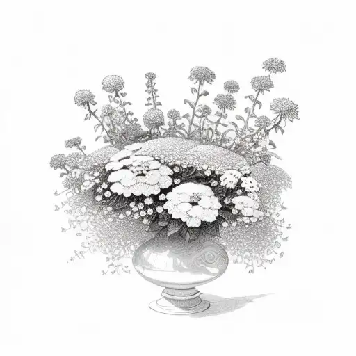 fine line shoulder bouquet of marigolds, Poinsettias, asters and violets with baby's breath tattoo design idea