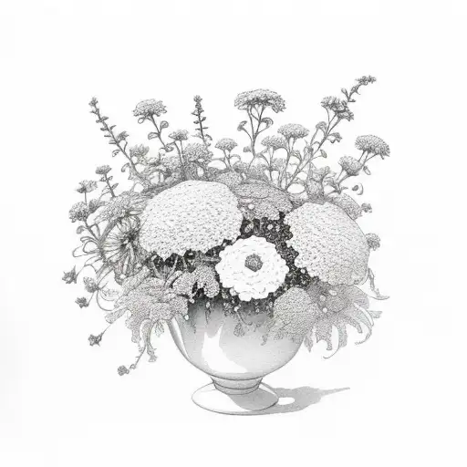 fine line shoulder bouquet of marigolds, Poinsettias, asters and violets with baby's breath tattoo design idea