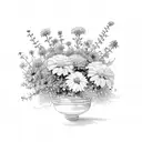 fine line shoulder bouquet of marigolds, Poinsettias, asters and violets with baby's breath tattoo design idea