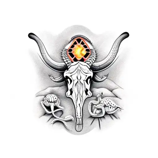 buffalo skull with diamond back rattle snake and cactus tattoo design idea